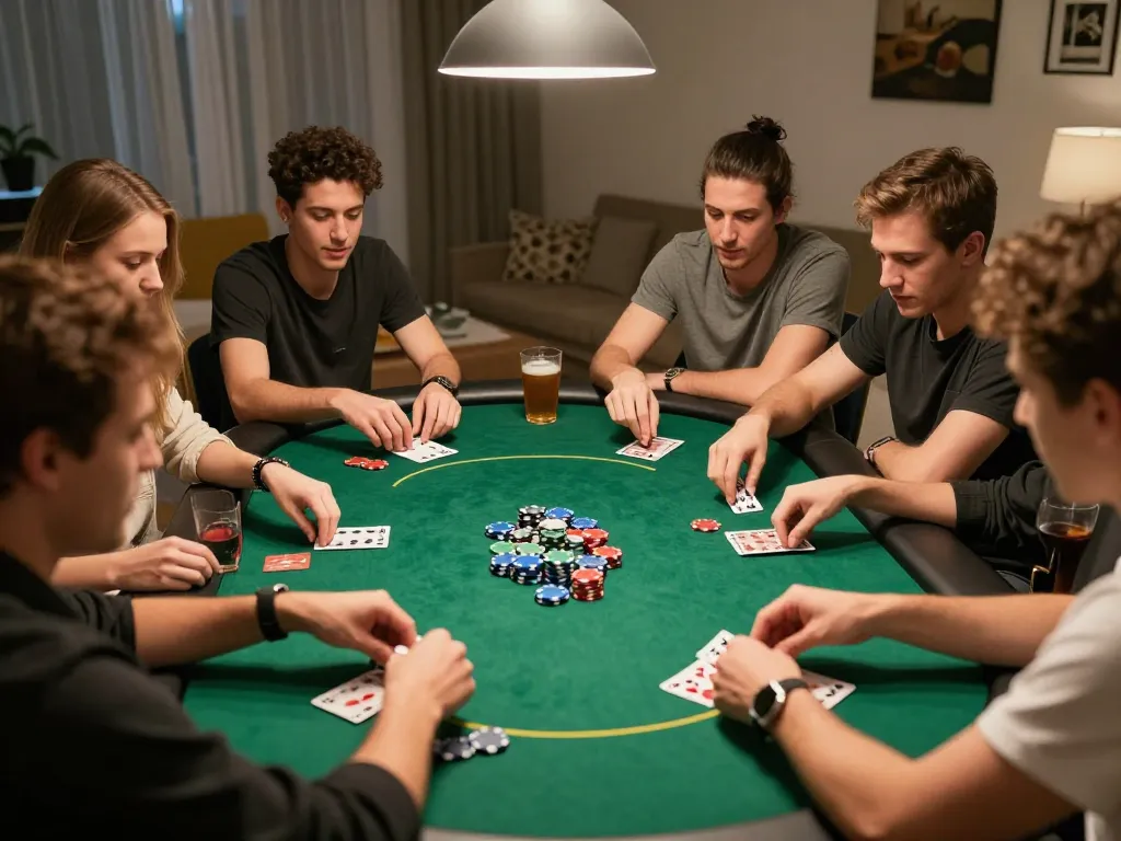 Friends enjoying a poker night at home with FIVE88 game interface displayed on the table.