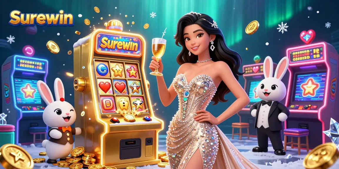 Engage with Surewin at the jackpot slot machine, celebrating big wins in a vibrant casino.