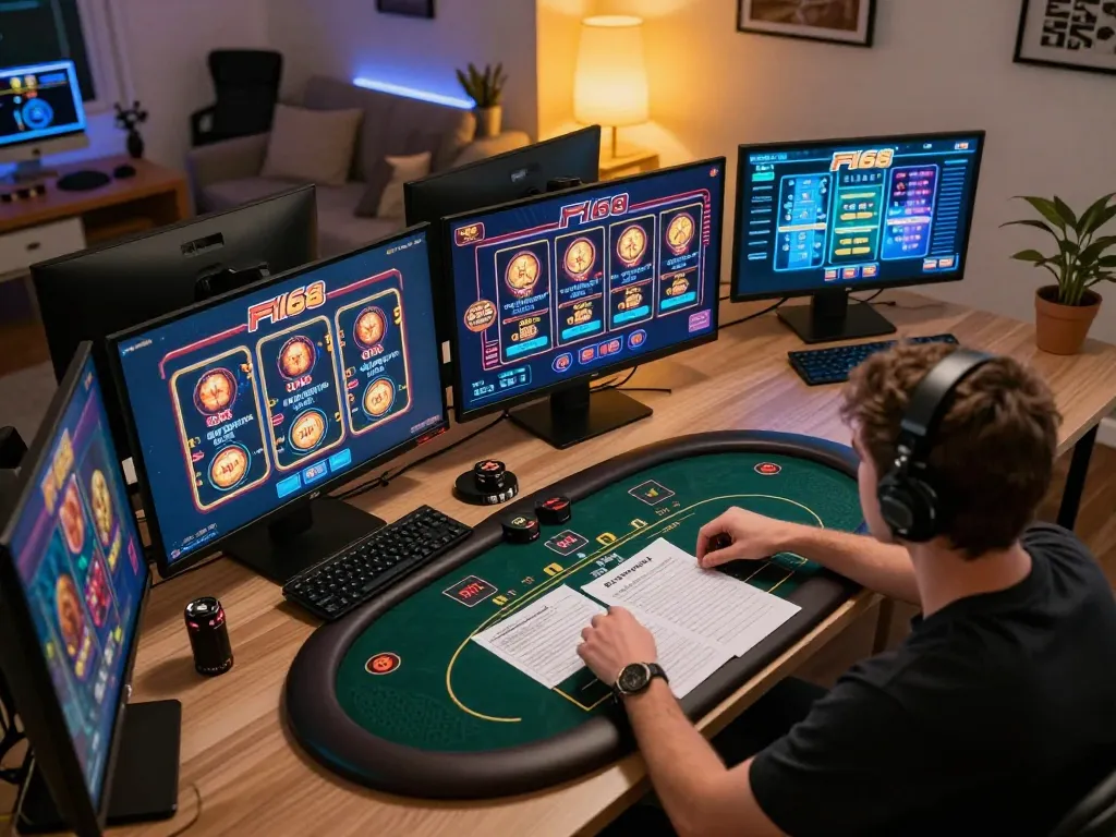Player engaging with F168 online casino games in a modern home setup, showcasing a strategic gaming experience.