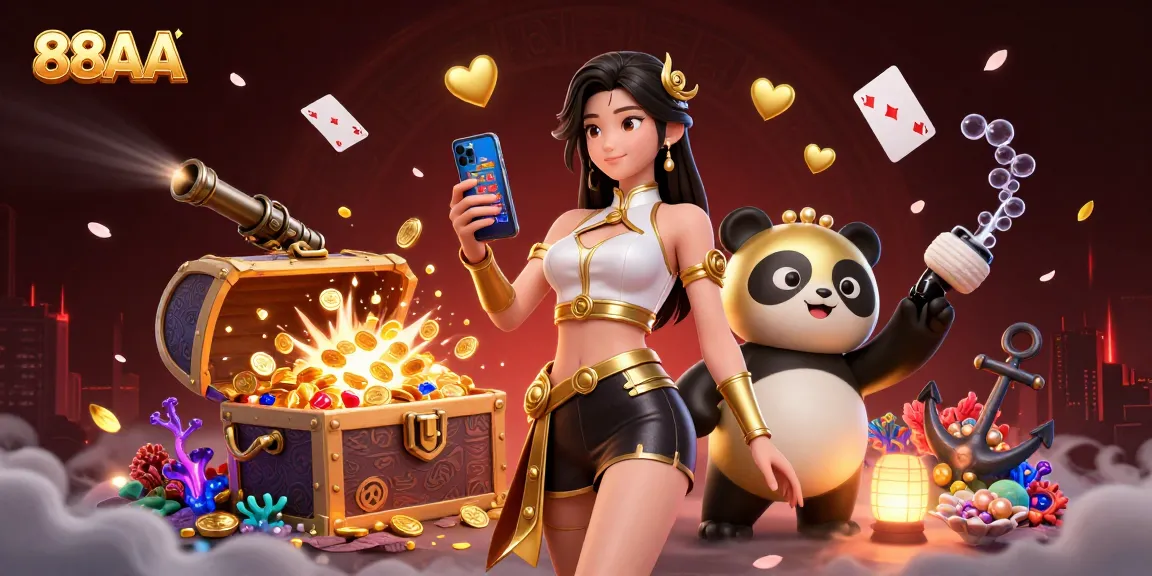 88AA entertainment with an Asian woman playing a casino game and a golden panda mascot.