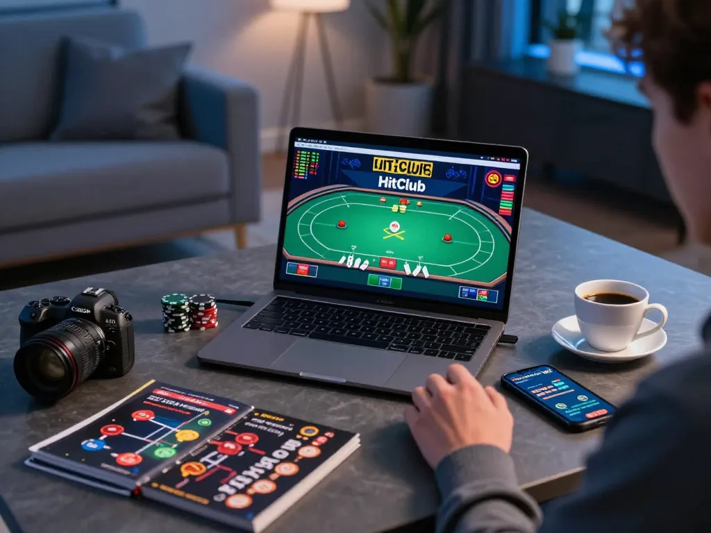 Engaging with HITCLUB on laptop screen during an online poker game, showcasing strategy and comfort.