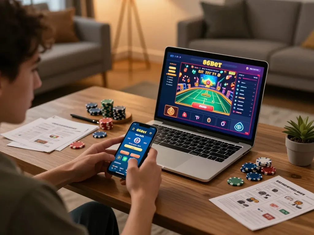 Playing on the 86bet mobile app during an engaging online gaming session.
