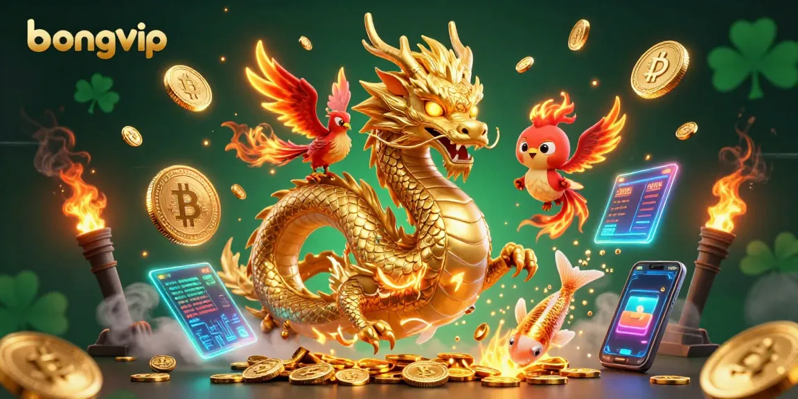 Engage with bonus opportunities at bongvip, featuring a dynamic 3D scene of a golden dragon, phoenix, and koi fish.