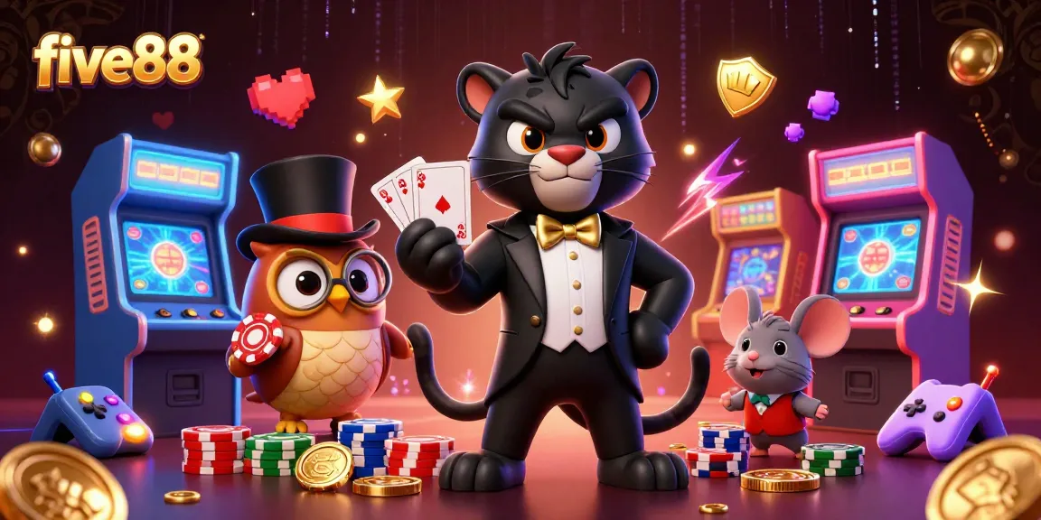 Experience five88's thrilling casino atmosphere with a stylish panther dealer surrounded by gaming fun.