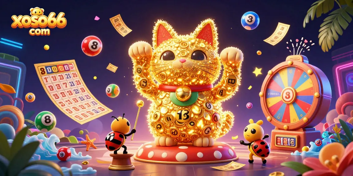 Experience the excitement of xoso66 com while watching colorful lottery symbols and dynamic games unfold in a vibrant scene.