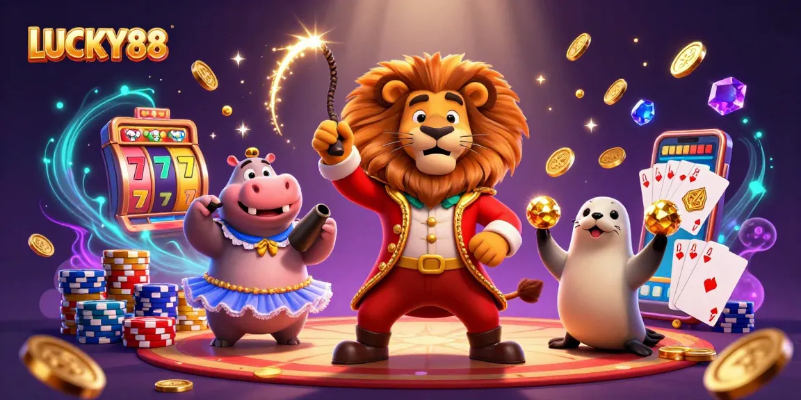 Experience the thrill of LUCKY88 with animated circus characters amidst dynamic casino elements.