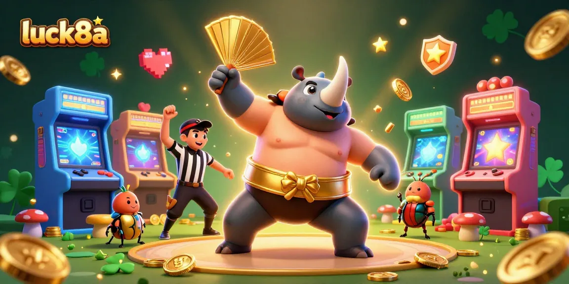 Experience luck8a's vibrant gaming atmosphere with a dynamic beetle champion and golden coins.