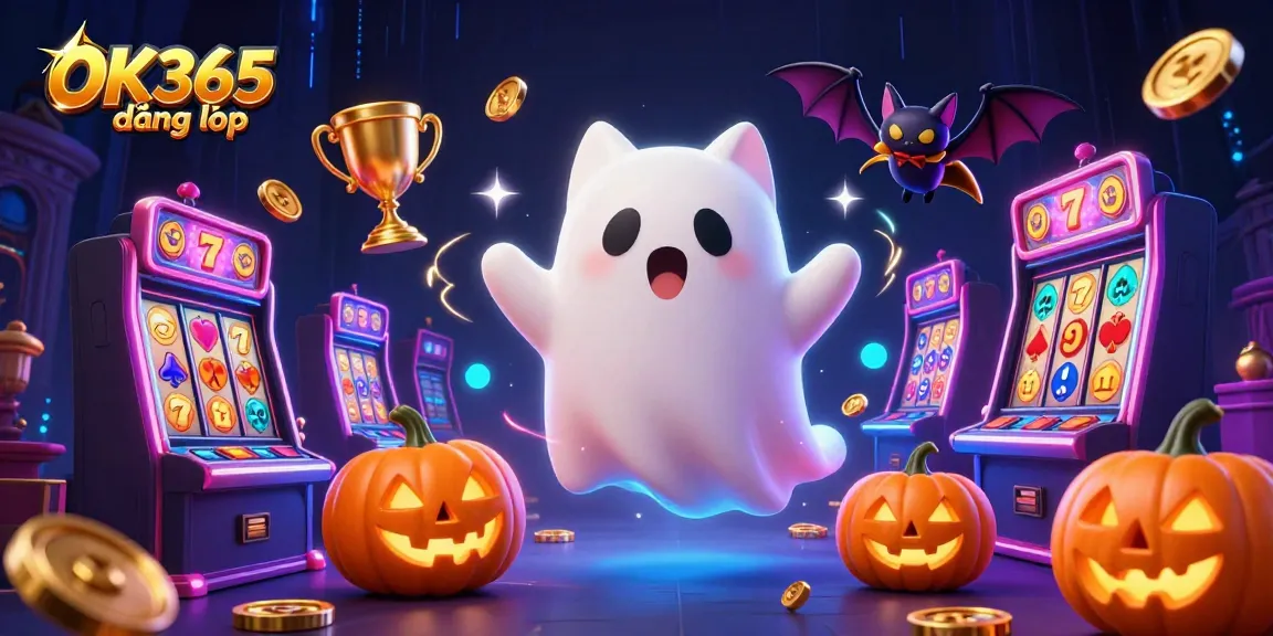 Engage in thrilling gameplay with OK365 đăng nhập showcasing slot machines, glowing jack-o-lanterns, and dynamic casino elements.