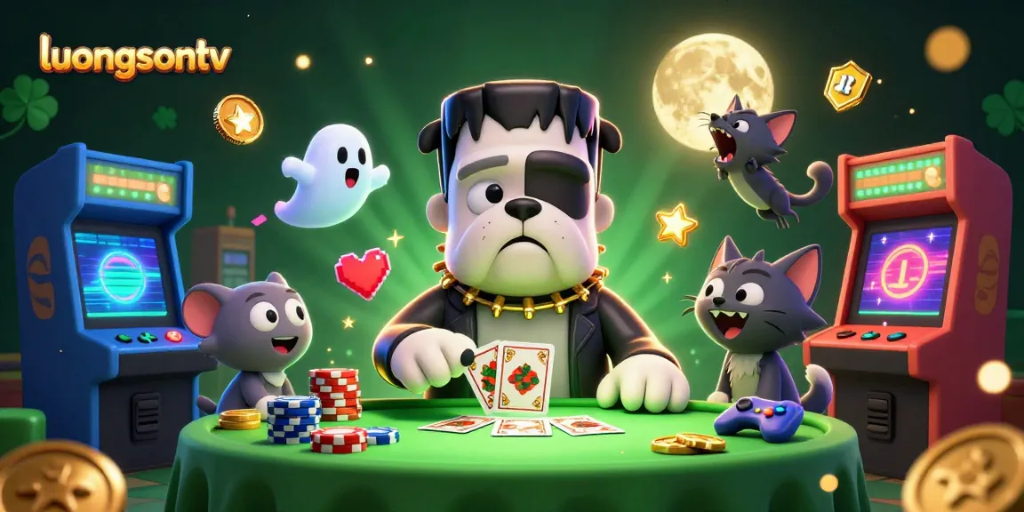 Experience the thrill of luongsontv with a 3D cartoon scene filled with gambling characters and vibrant game elements.