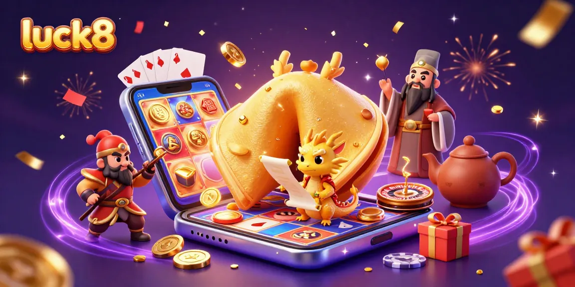Luck8 captures the excitement of online gambling with a dynamic scene of a golden fortune cookie and game elements.