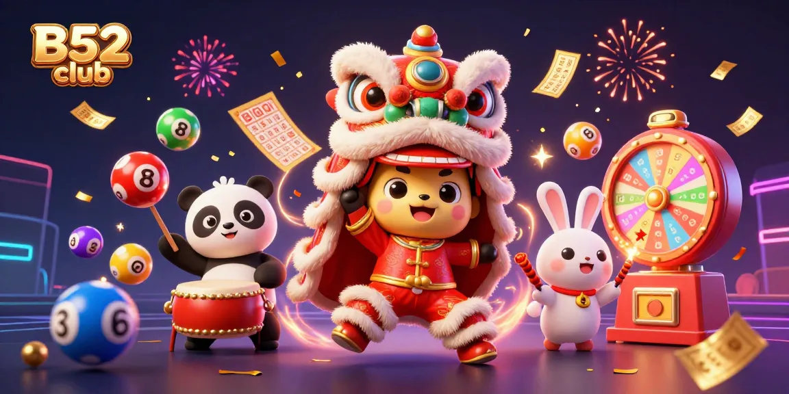 Engage with thrilling B52club games illustrated by a lively lion dance and diverse gaming elements.