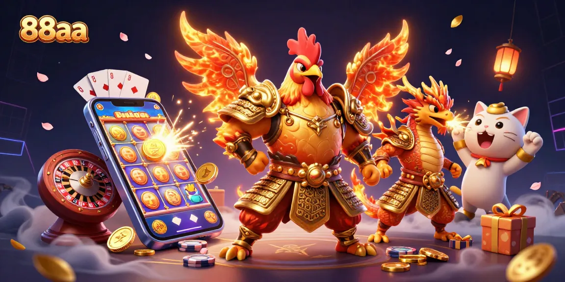 Experience 88aa's vibrant gaming scene with a dynamic illustration of a warrior rooster and dragon in a thrilling casino environment.