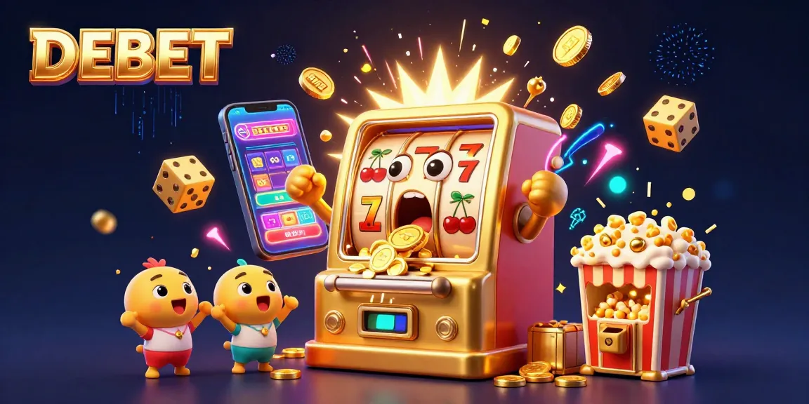 Experience DEBET's thrilling jackpot celebration with animated slot machines and golden confetti.