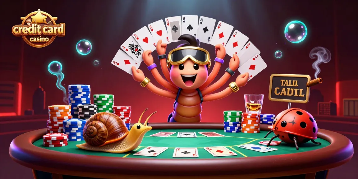 Engage with the exciting credit card casino scene, as characters deal poker hands amidst vibrant chips and glow.