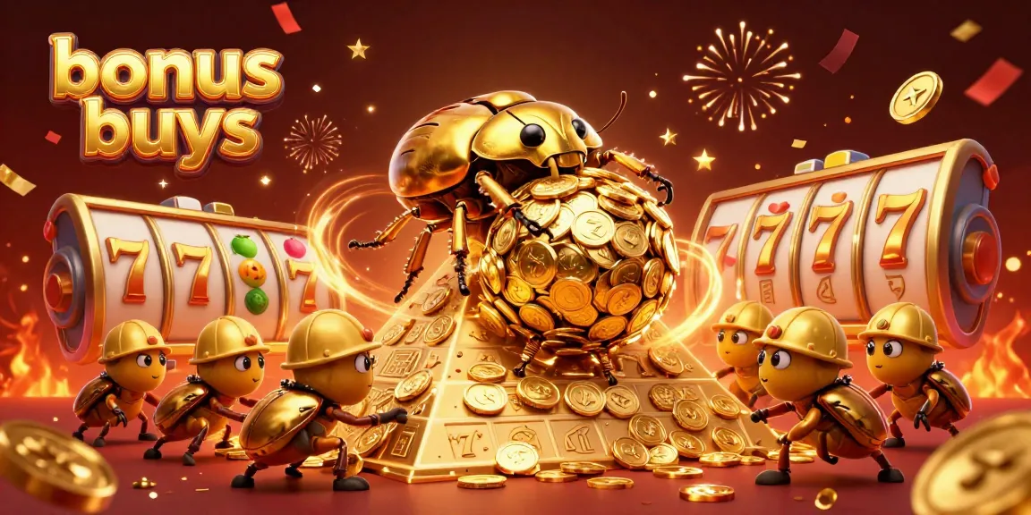 Engage with thrilling bonus buys as golden beetles roll jackpot coins in this vibrant casino scene.