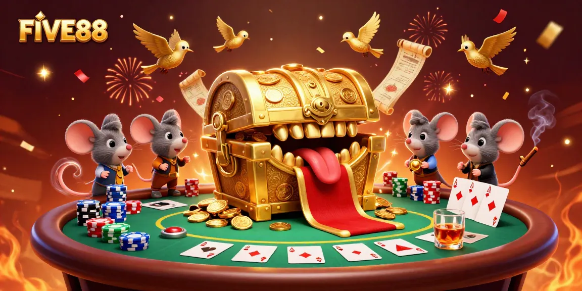 Experience the excitement of FIVE88 as adventurer mice are lured by a treasure chest in a lively casino scene.