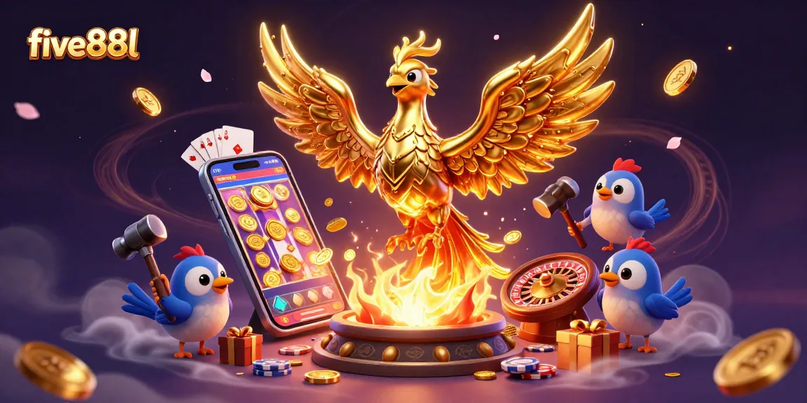Get ready to play at five88l with a stunning scene of a molten phoenix and casino elements.