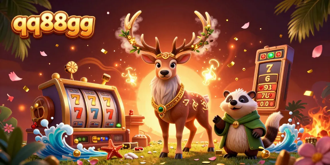 Spin thrilling slots with qq88gg featuring a mystical stag and a wise badger in an enticing casino scene.