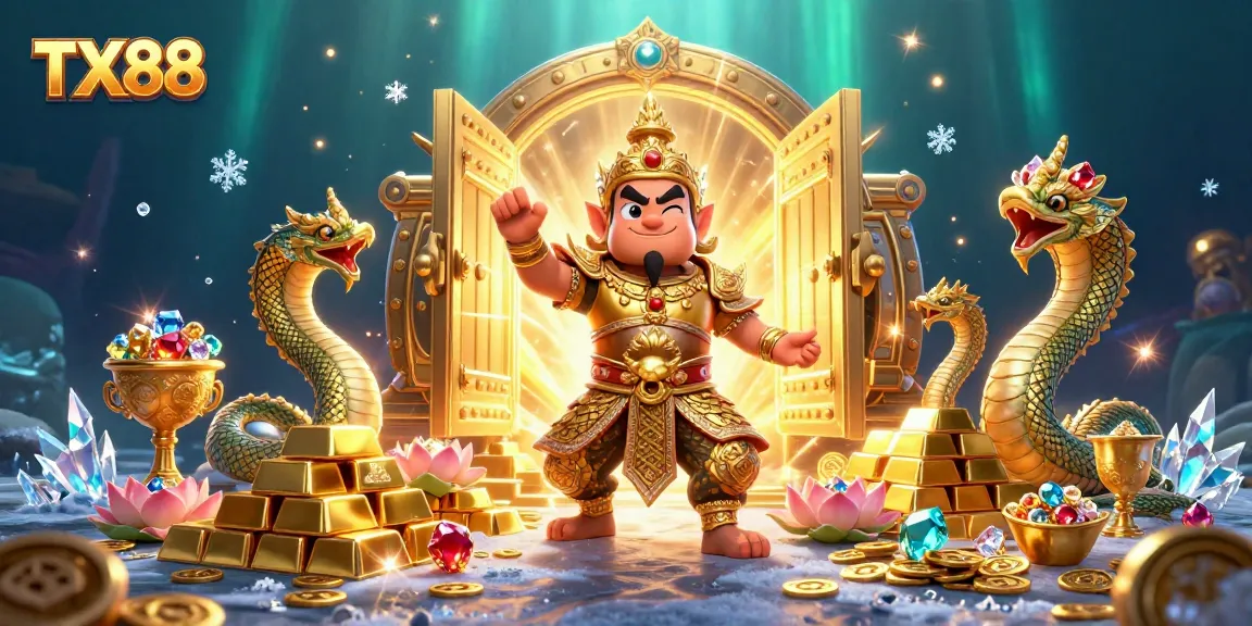 Experience the excitement of TX88 through this vibrant casino-themed illustration bursting with treasures.