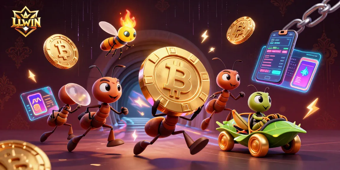 LLWIN showcases a dynamic 3D illustration of ants heisting a giant poker chip, set against a rich casino backdrop.
