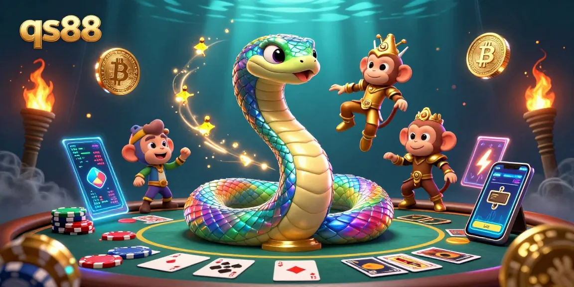 Engage with qs88's vibrant casino scene featuring a rainbow serpent and monkey king amidst poker action.