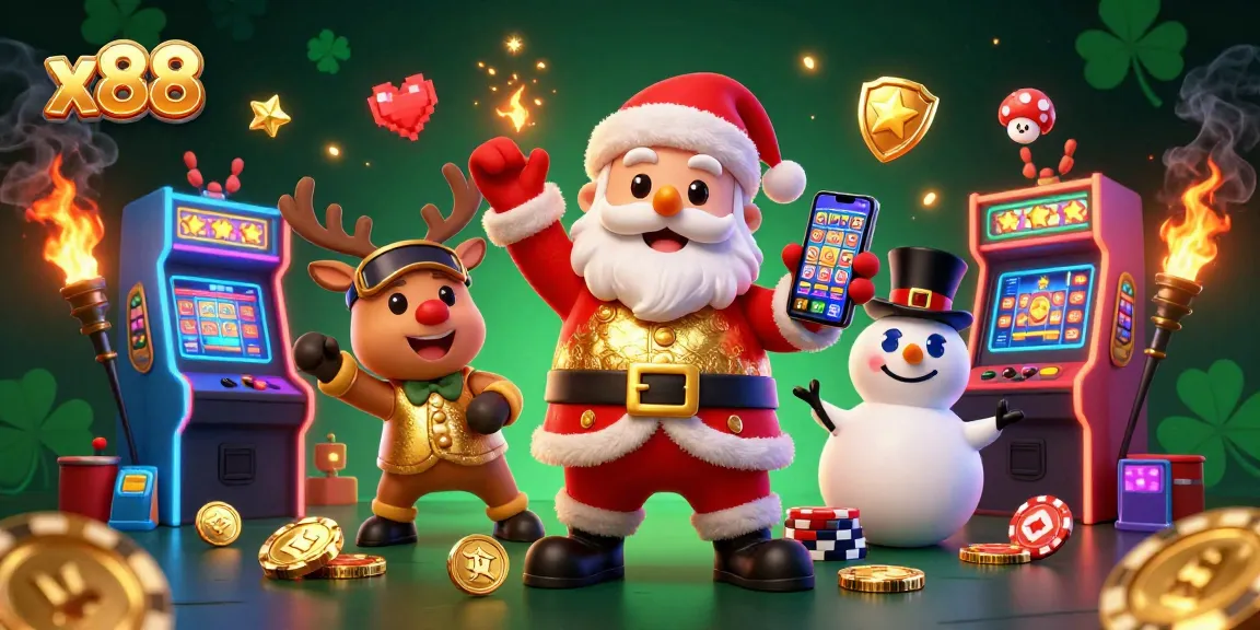 Experience x88’s vibrant casino world with Santa and friends celebrating jackpots!