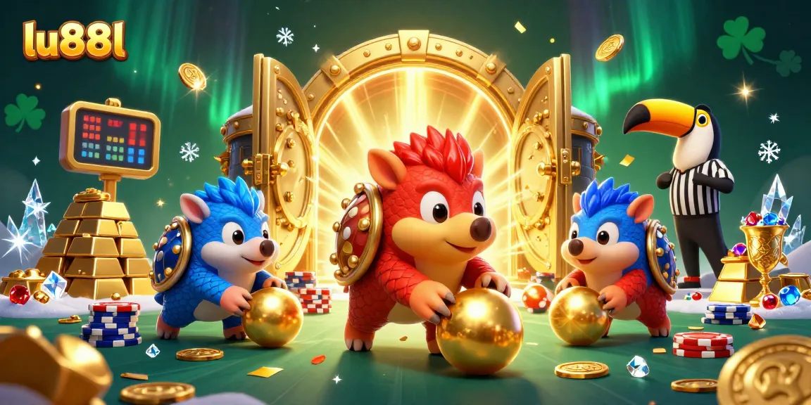 Bowling pangolins in a colorful casino scene representing lu88l with poker chips and treasure.