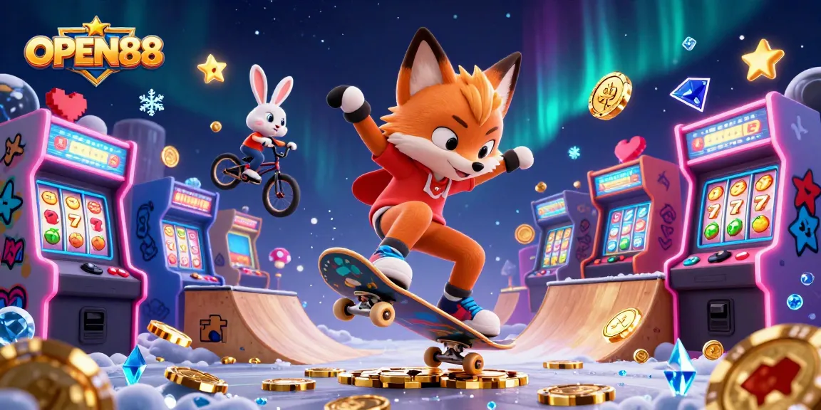 Engage with dynamic casino fun at OPEN88, featuring cartoon fox and rabbit amidst vibrant gaming action.