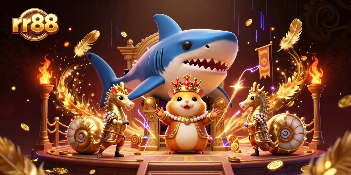 rr88 king enthroned as a fearless golden hamster amidst swirling gambling excitement
