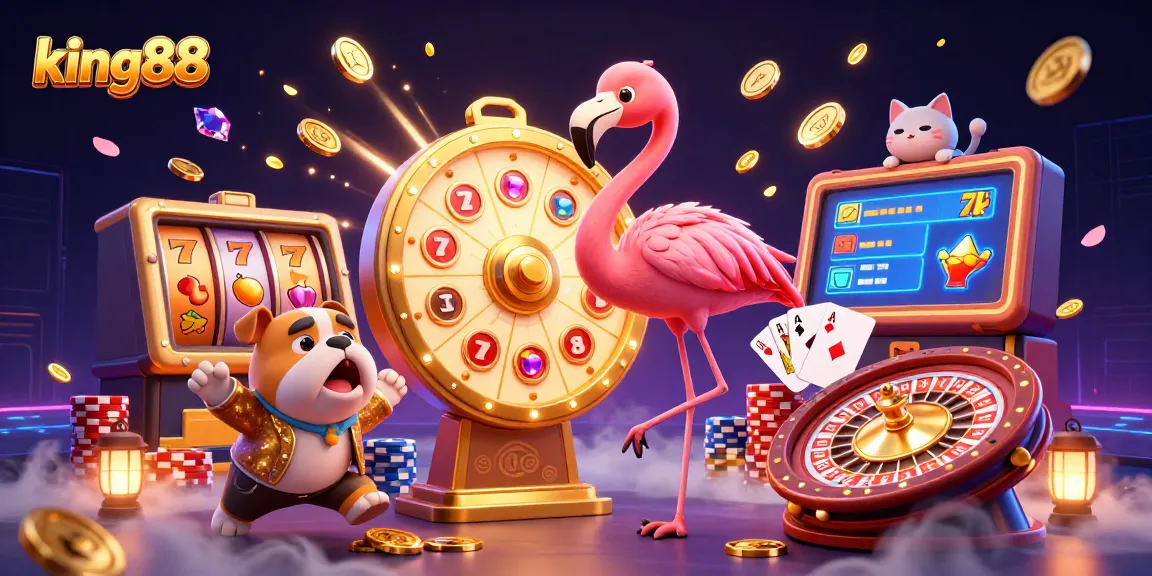 Join the excitement with king88: a vibrant casino game scene featuring a flamingo host and bulldog contestant.