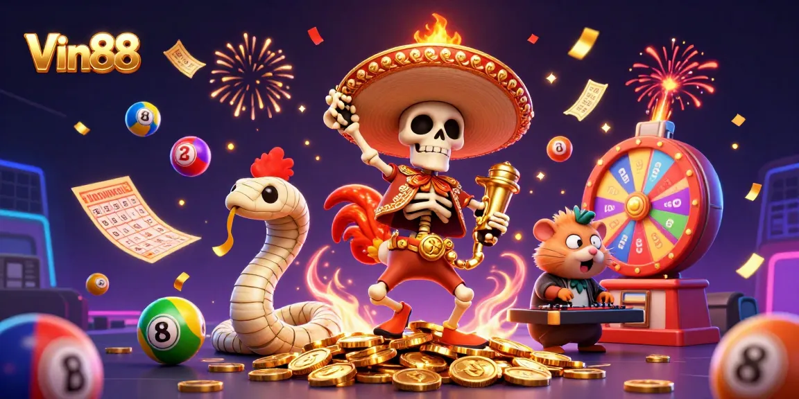 Celebrate wins with Vin88 in this lively 3D illustration featuring dynamic casino elements.