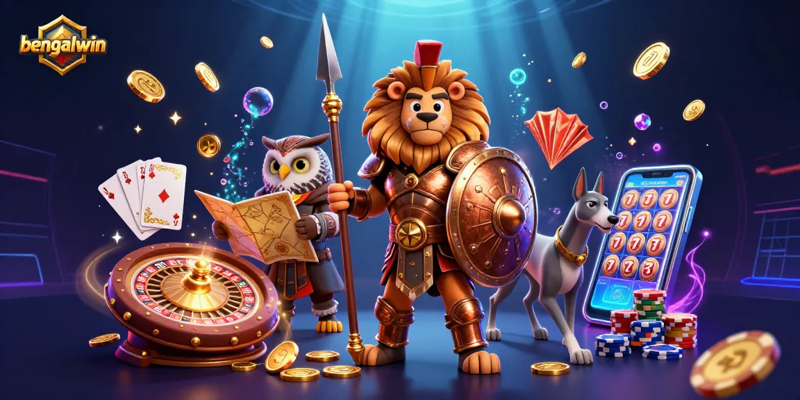 Bengalwin showcases an epic online casino scene with a Spartan lion, owl strategist, and greyhound, adorned with gambling elements.