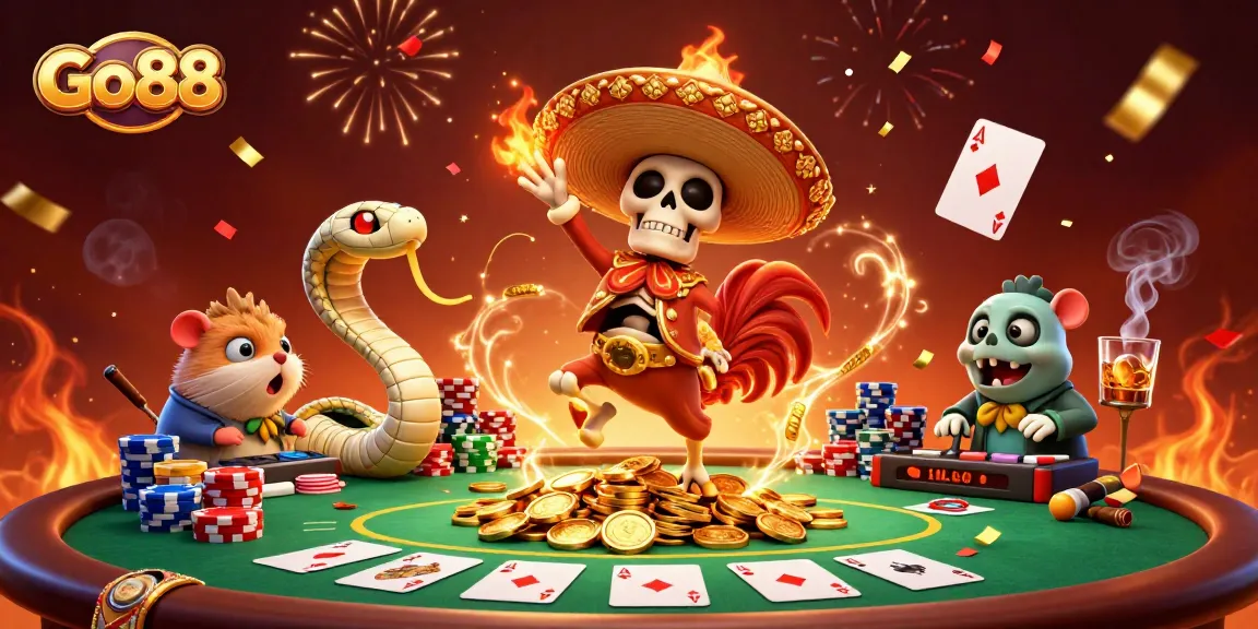 Win big at Go88 with a lively 3D illustration of a mariachi rooster celebrating among golden casino elements.