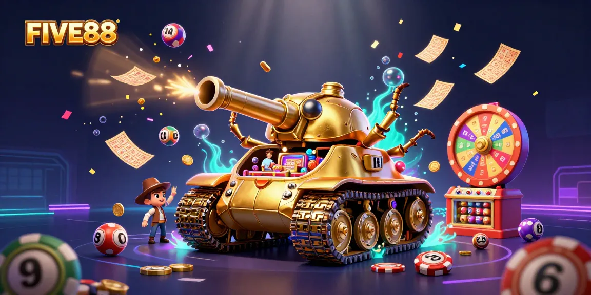 Experience the thrilling world of FIVE88 with this vibrant casino-themed illustration showcasing dynamic gaming action.