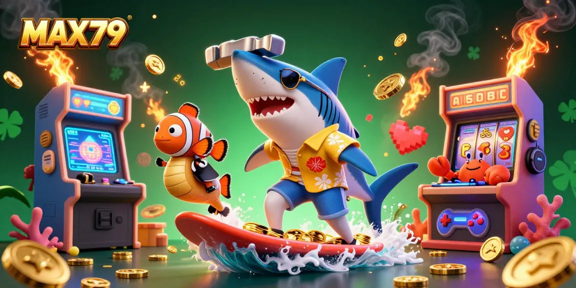 Experience thrilling wins at MAX79 with dynamic casino-themed 3D illustration featuring a shark on gold coins.
