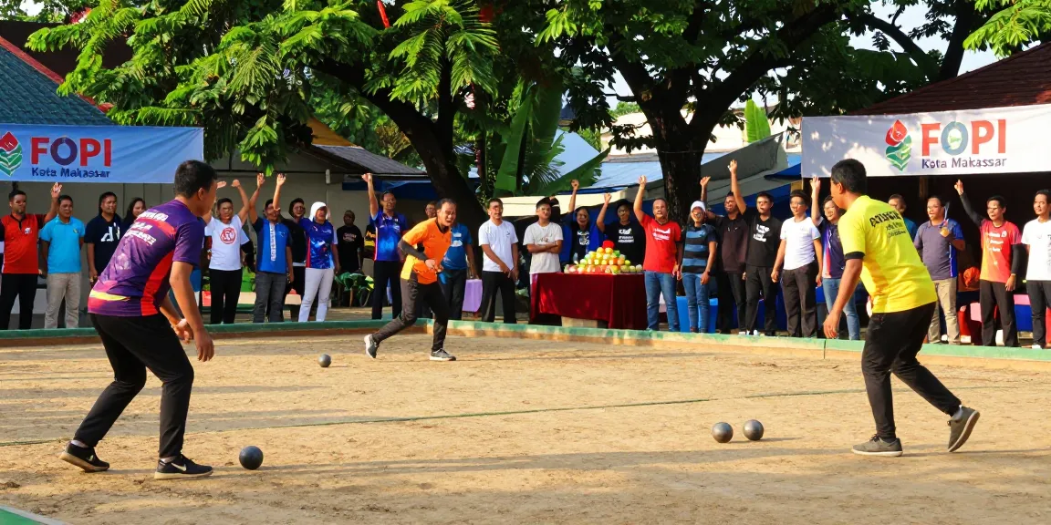 Engaged players at fopikotamakassar.org's petanque event in vibrant community atmosphere.