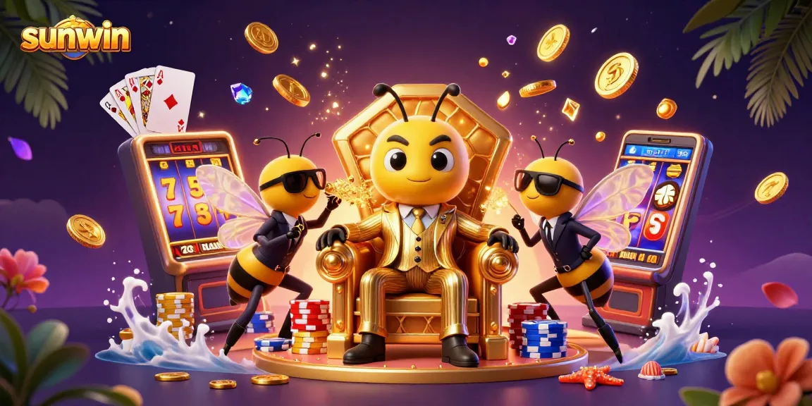 Engage in thrilling gaming with sunwin's exciting slot machine reels amidst a vibrant, money-filled scene.
