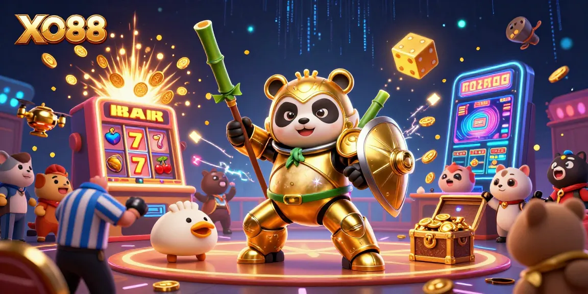 Engage with exciting gameplay at XO88, featuring a vibrant casino scene filled with jackpots and dynamic characters.