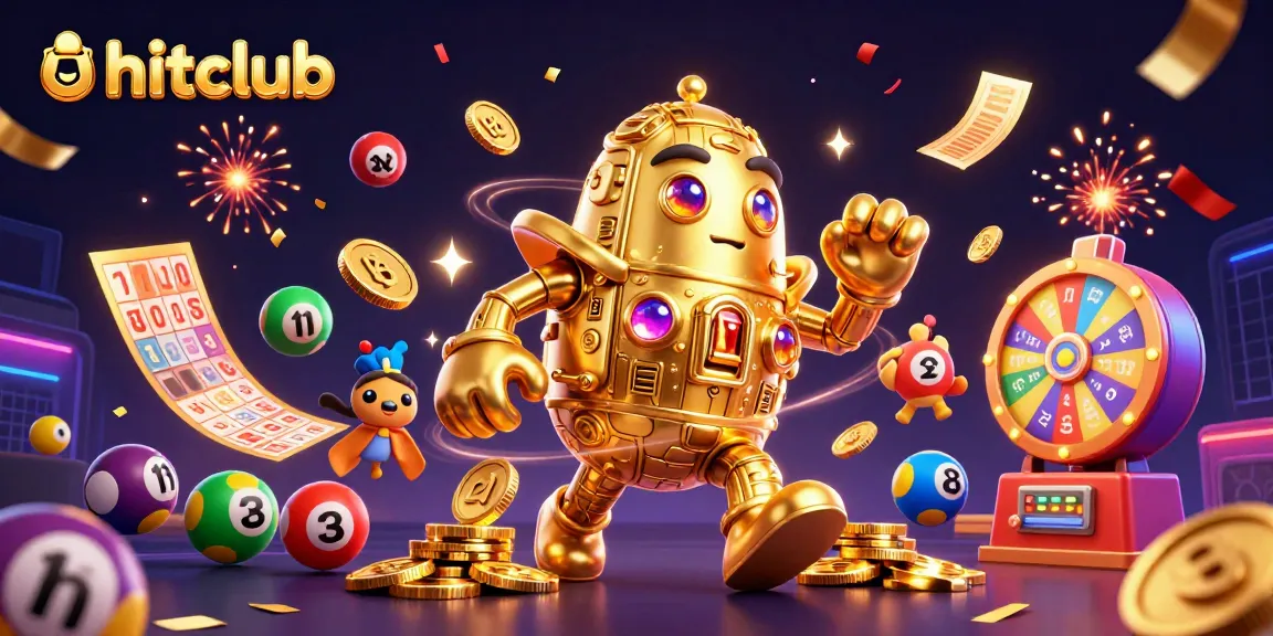 Hitclub's dynamic casino scene showcases a golden golem surrounded by vibrant lotteries and casino elements.