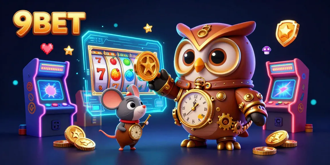 Experience exciting gameplay with 9BET's vibrant casino-themed illustration of slots and jackpots.