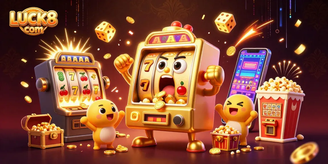 LUCK8 com unleashes excitement with a vibrant slot machine jackpot scene filled with action and rewards.