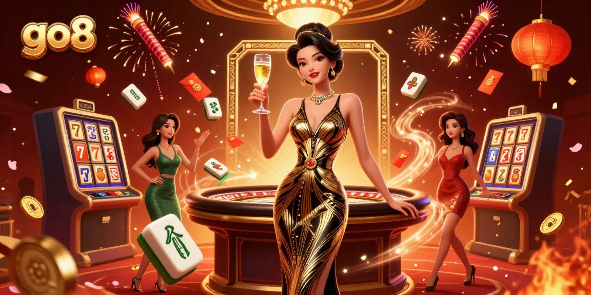 Engage in winning slots with go8 amid a rich 3D casino scene featuring glamorous characters and vibrant elements.