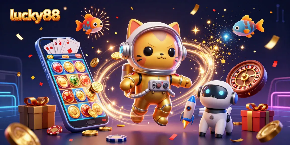 Engage in exciting gameplay with lucky88's vibrant 3D illustration featuring slot games and dynamic casino elements.