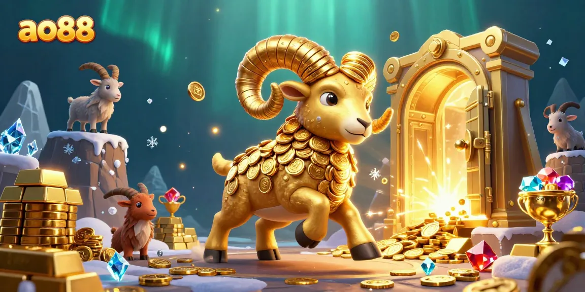 Experience ao88's thrilling gameplay with a massive golden ram charging forward amidst dynamic treasures.