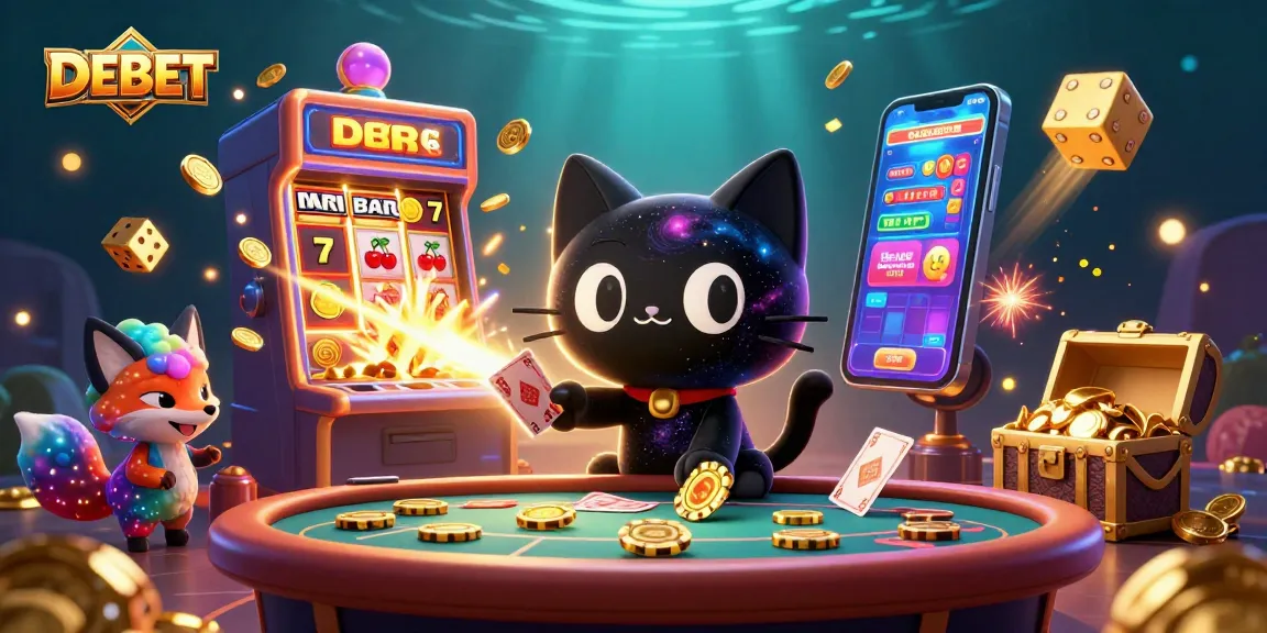 Experience the thrilling DEBET cosmic casino with a black hole cat and nebula fox, surrounded by jackpots and colorful games.