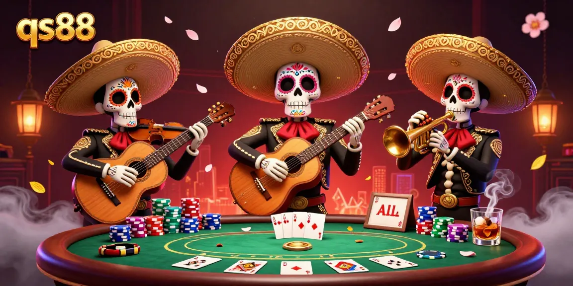 Win big with qs88 at this vibrant 3D casino scene featuring a mariachi band and poker elements.
