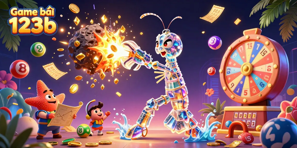 Engage in Game bài 123b with an exciting scene showcasing colorful lottery balls and casino elements.
