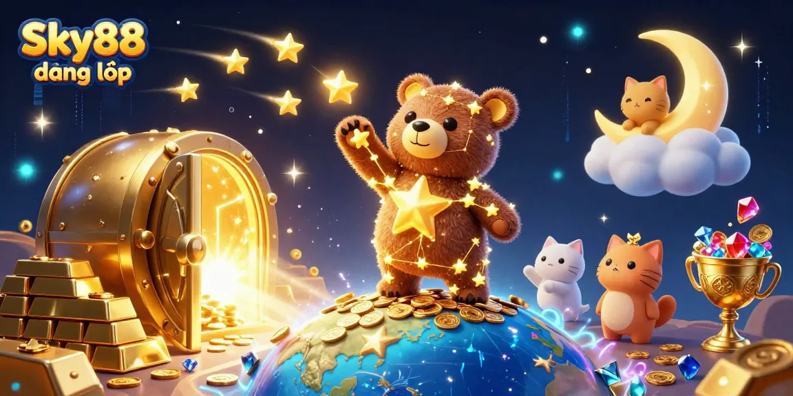 Engage in thrilling gameplay with Sky88 đăng nhập as a constellation bear reaches for coins amidst dazzling treasures.