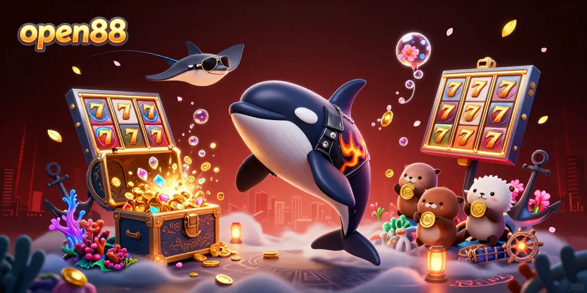 Win big with open88 as 3D characters float among slot reels and golden treasures in a vibrant casino scene.