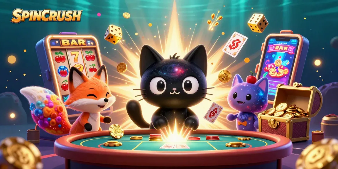 Experience the excitement of SPINCRUSH with a cosmic casino scene showcasing slot machine wins.
